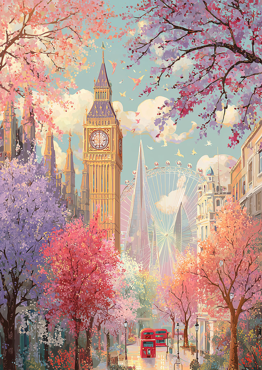 Vibrant artwork of London in spring with Big Ben and cherry blossoms.